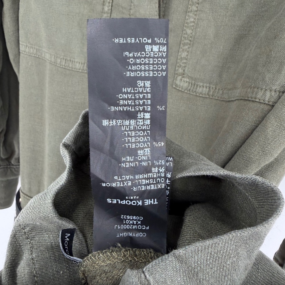 The Kooples Jeans Utility Jumpsuit Olive Green Linen Blend Belted Snap Front 2 M - Picture 4 of 16
